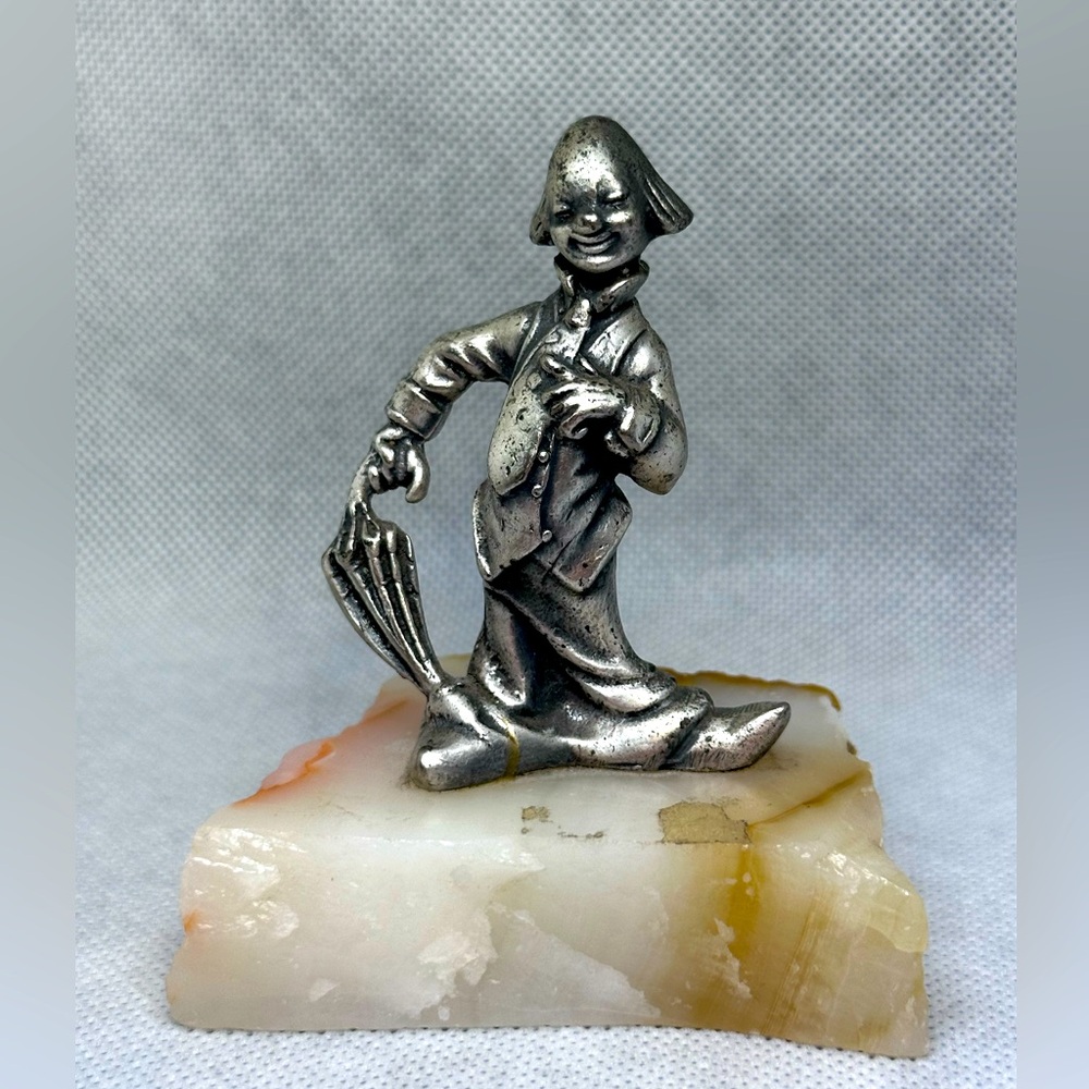 Peltro Italy Vintage Pewter Silver Clown w/Umbrella Figurine Quartz Stone Base
